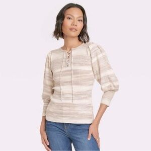 Knox Rose Heavy Knit Lace-Up Pull-Over Ribbed Sweater Oatmeal Women’s Size Large